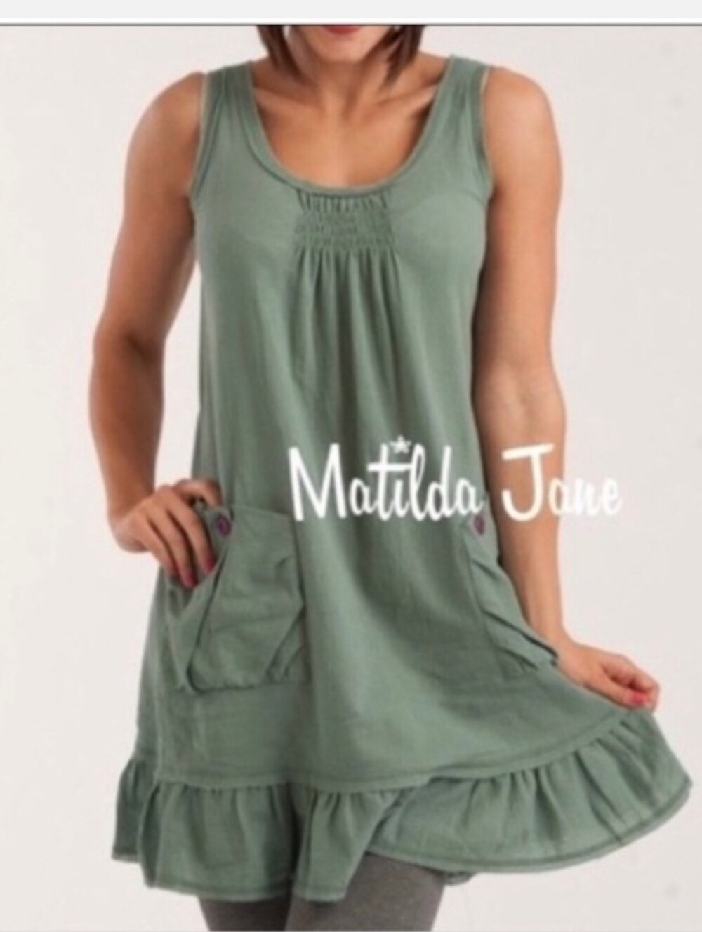 #287.Matilda Jane Sage Green Knit Ruffle Pocket Tank Dress